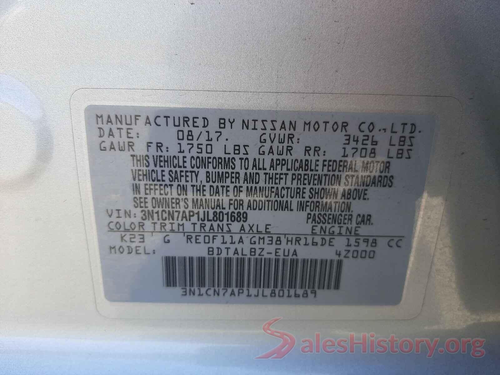 3N1CN7AP1JL801689 2018 NISSAN VERSA