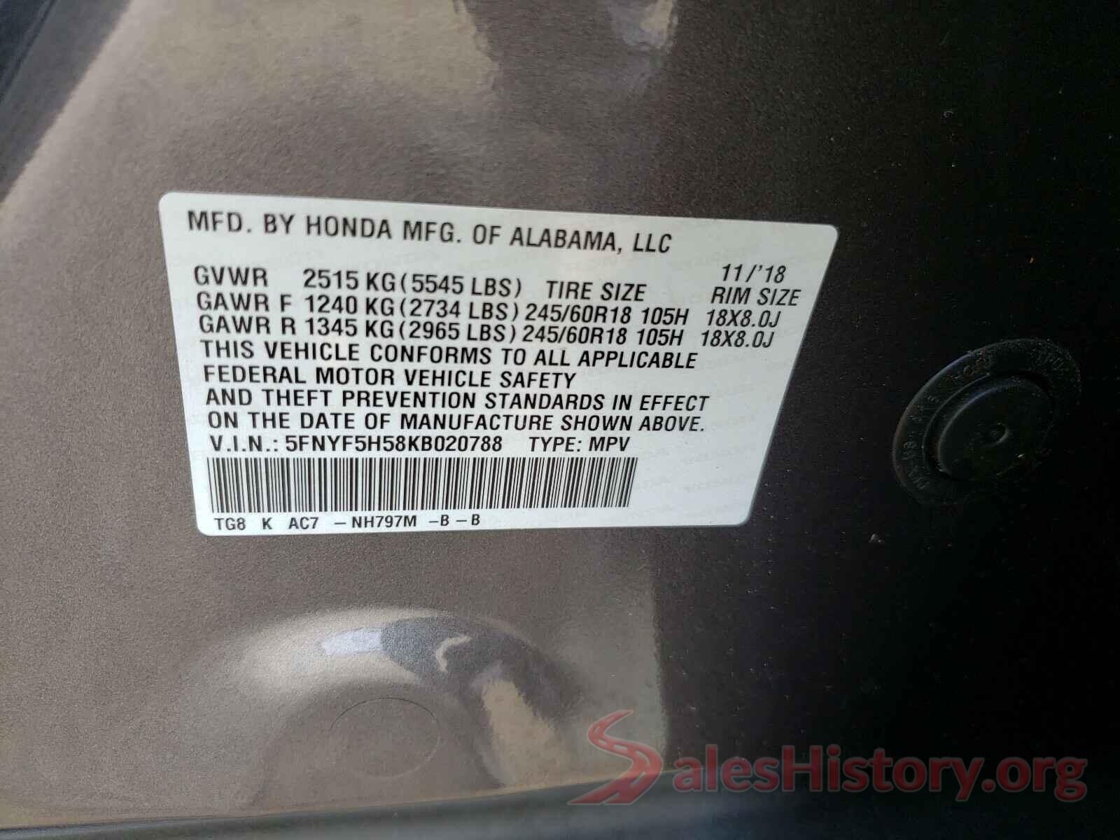 5FNYF5H58KB020788 2019 HONDA PILOT