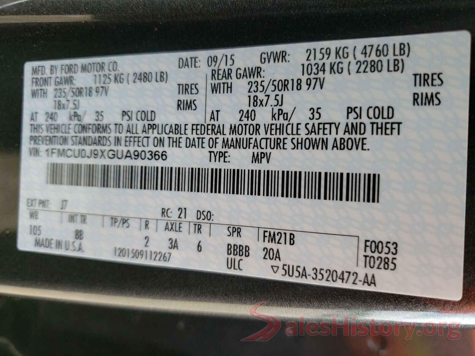 1FMCU0J9XGUA90366 2016 FORD ESCAPE