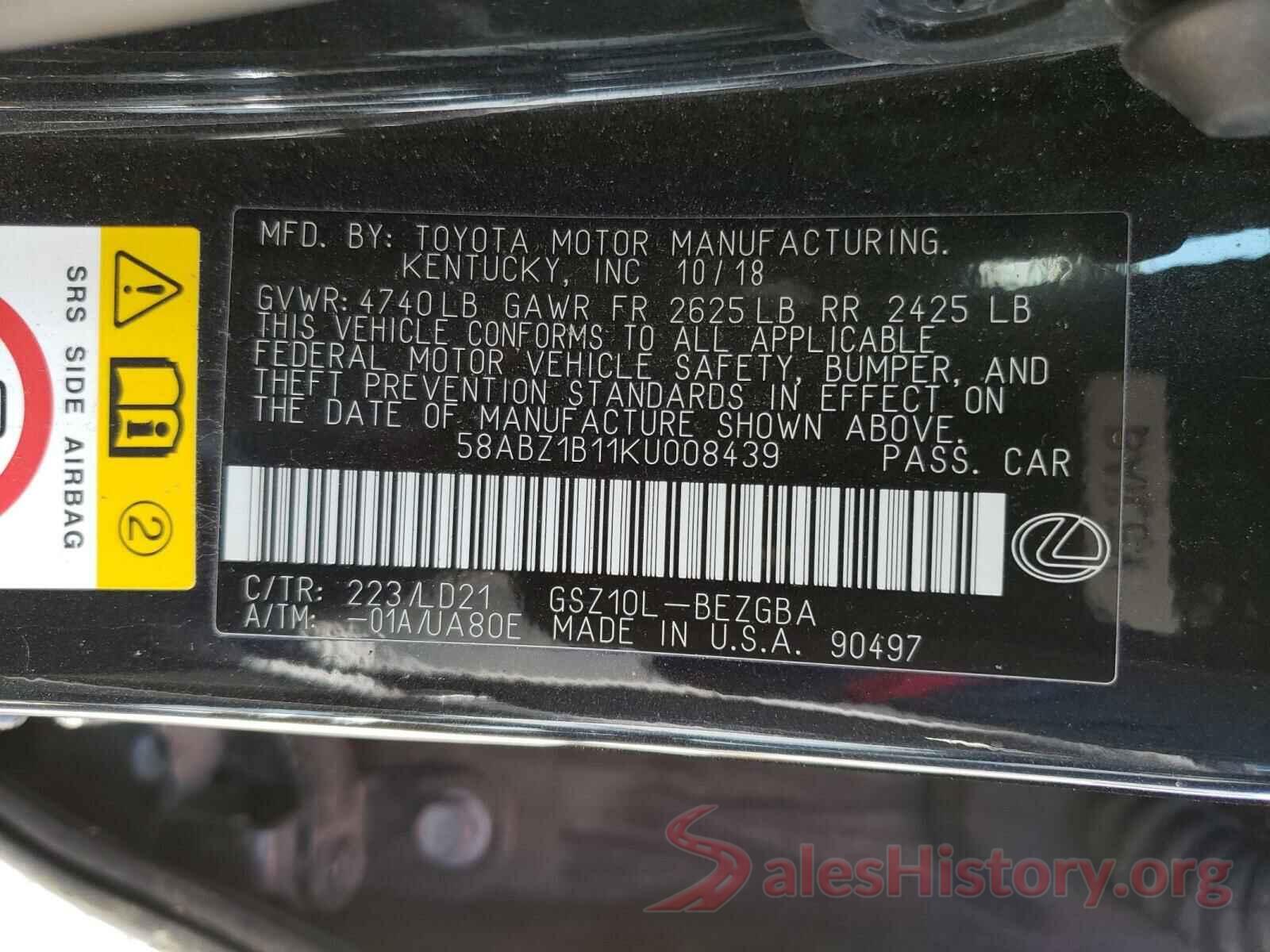 58ABZ1B11KU008439 2019 LEXUS ES350