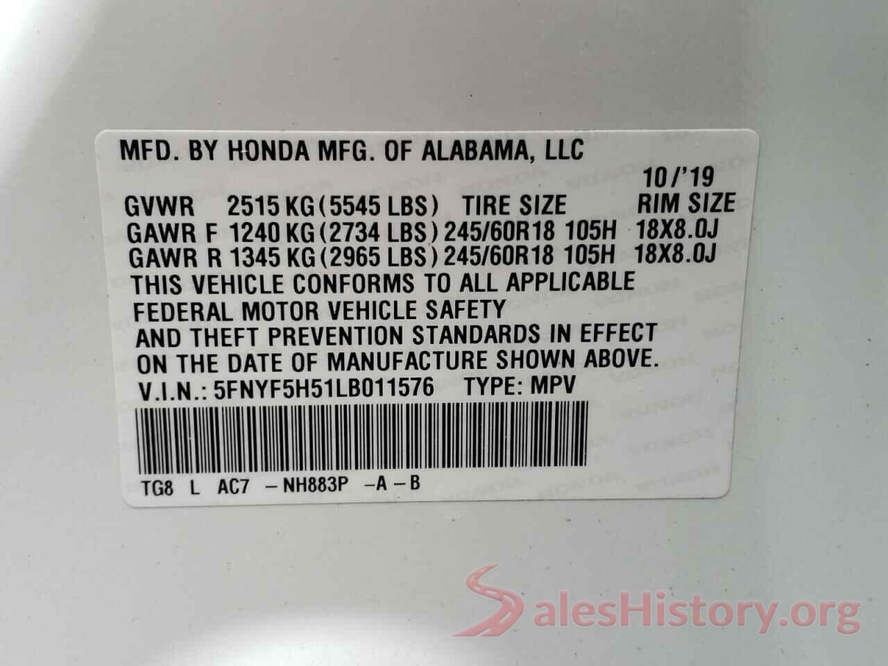 5FNYF5H51LB011576 2020 HONDA PILOT