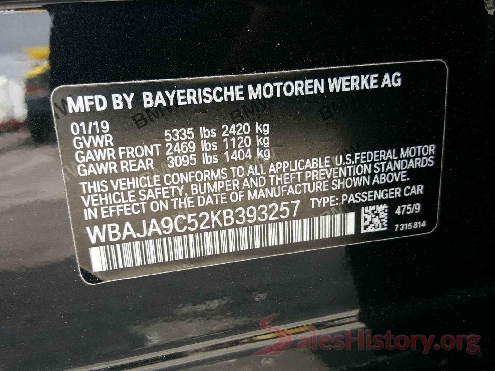 WBAJA9C52KB393257 2019 BMW 5 SERIES