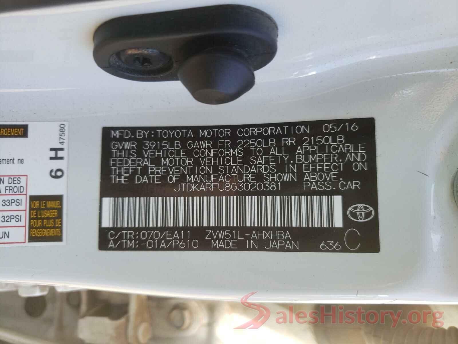 JTDKARFU8G3020381 2016 TOYOTA PRIUS