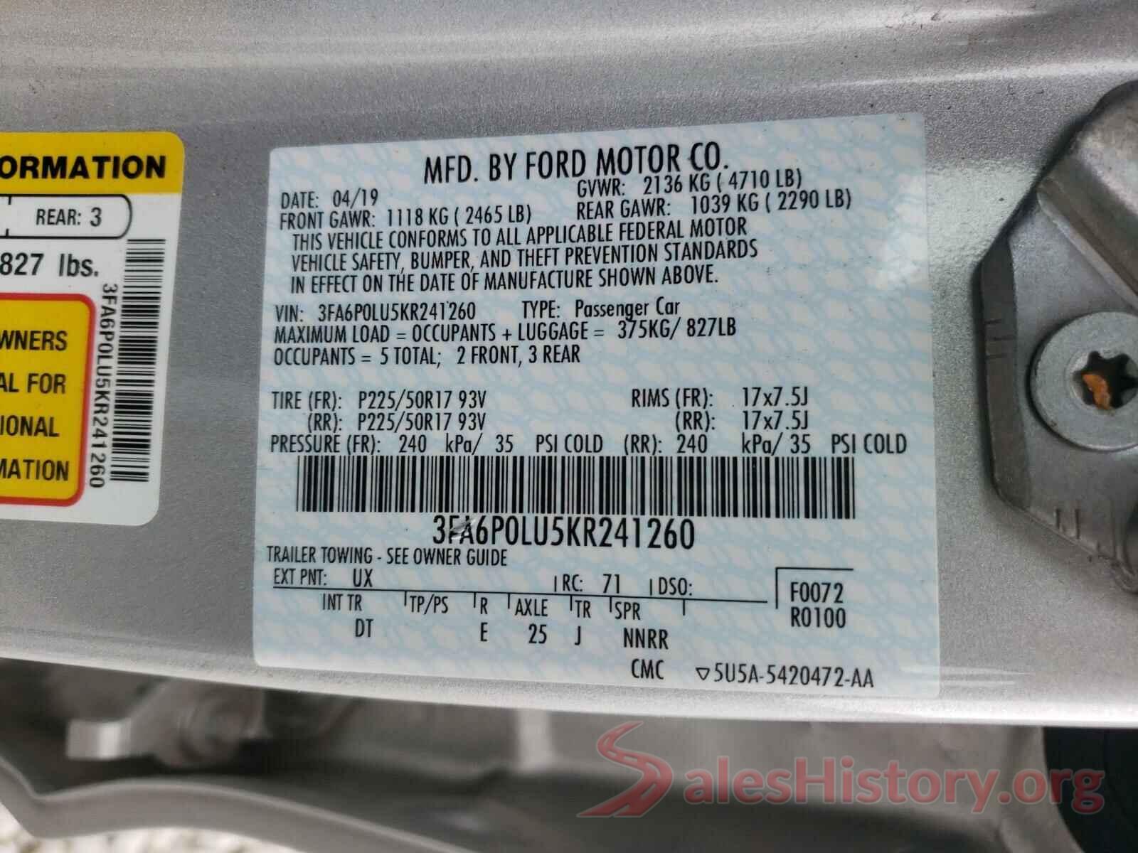 3FA6P0LU5KR241260 2019 FORD FUSION