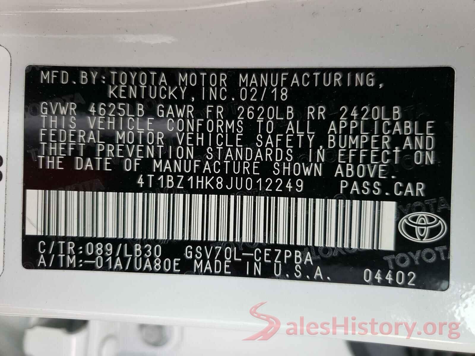 4T1BZ1HK8JU012249 2018 TOYOTA CAMRY