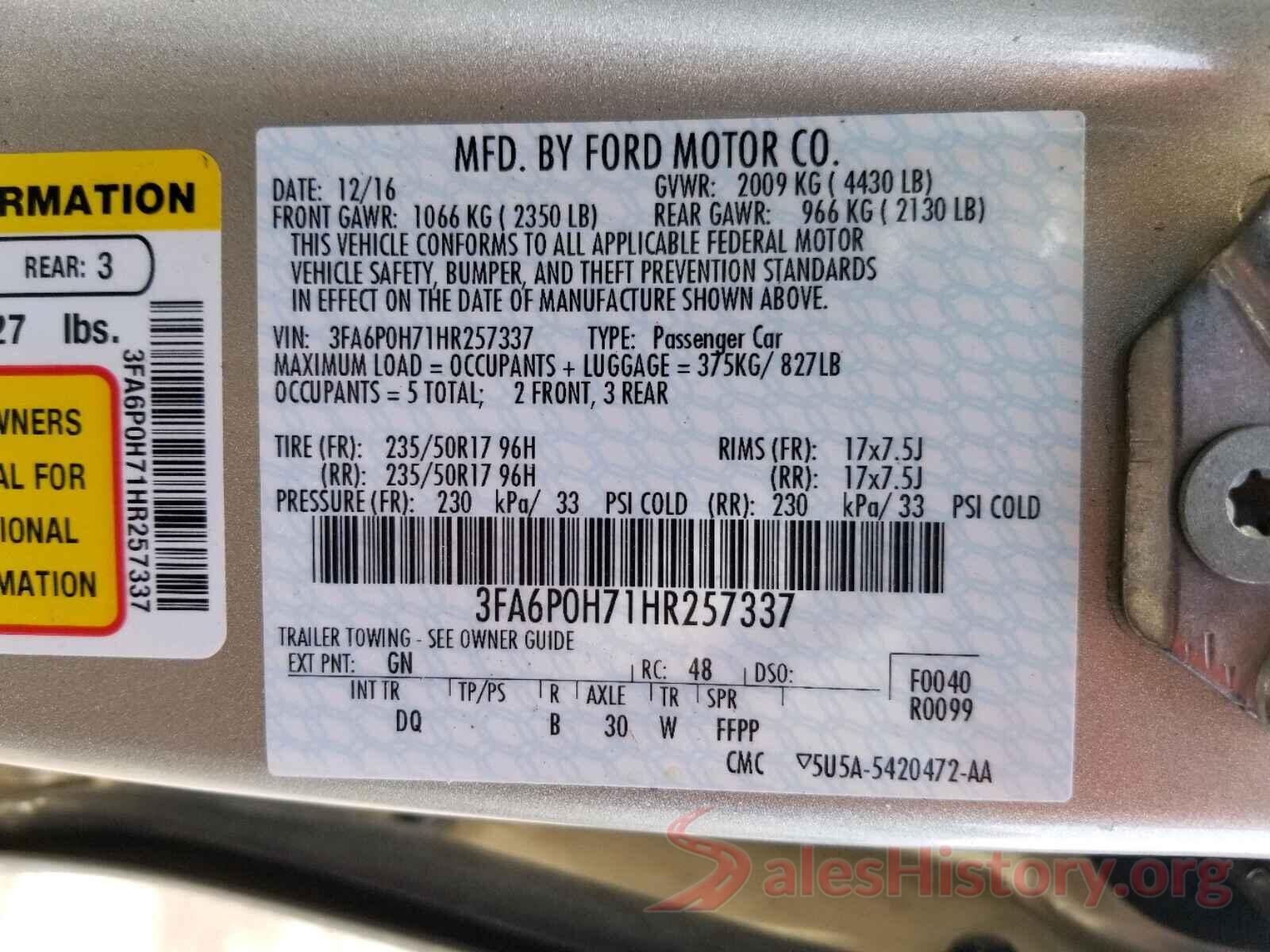 3FA6P0H71HR257337 2017 FORD FUSION