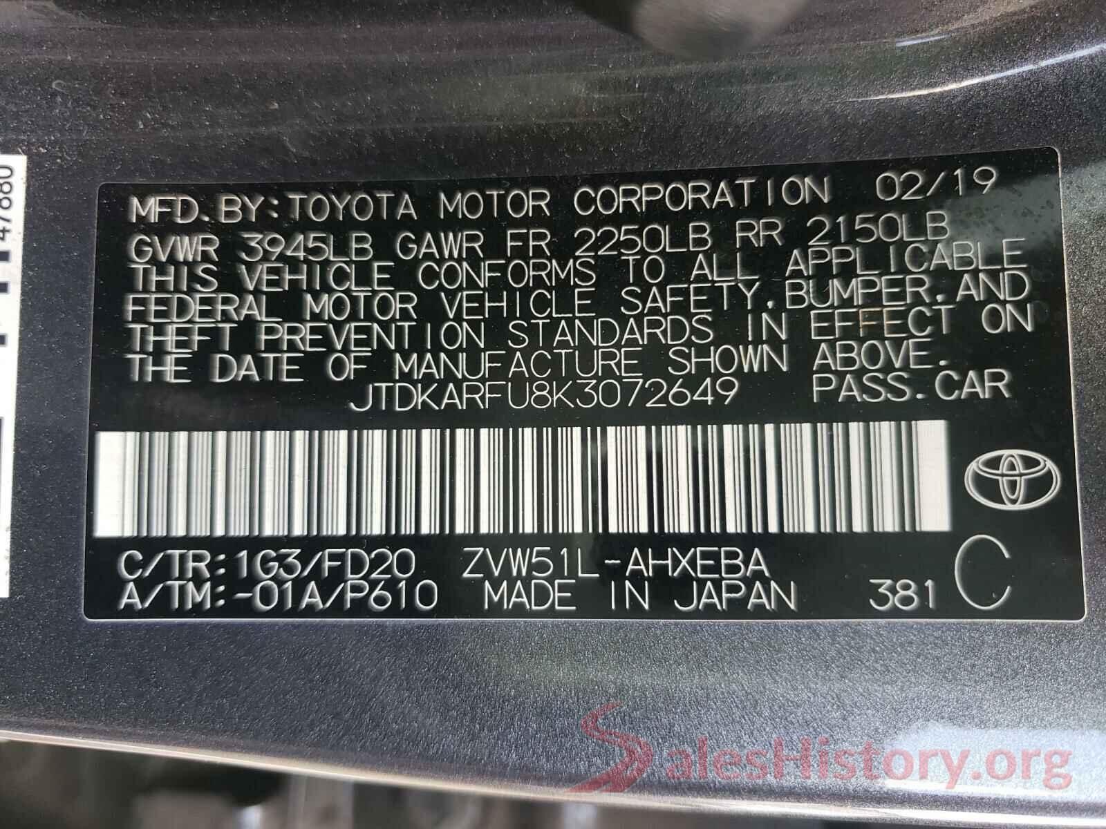 JTDKARFU8K3072649 2019 TOYOTA PRIUS