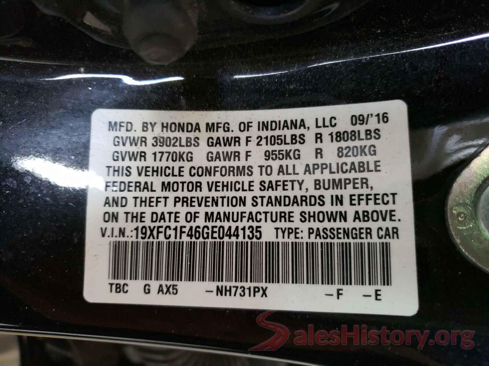 19XFC1F46GE044135 2016 HONDA CIVIC