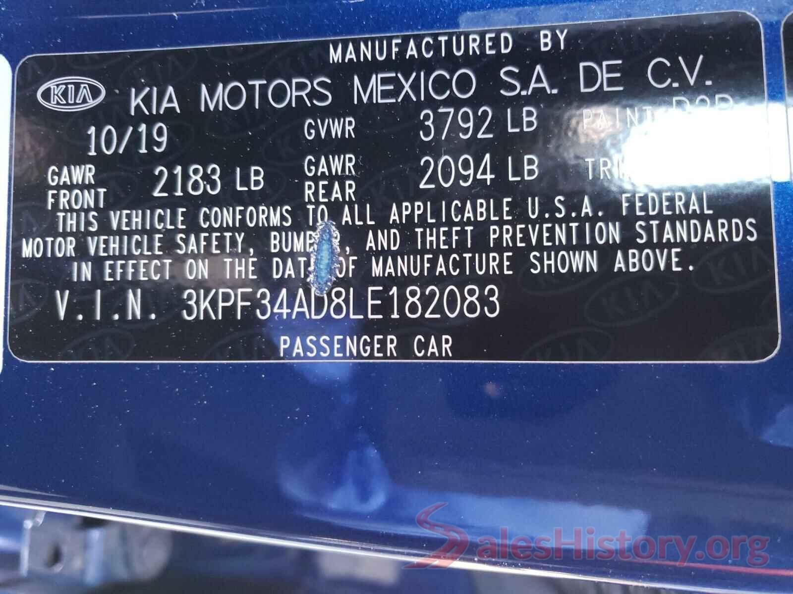 3KPF34AD8LE182083 2020 KIA FORTE