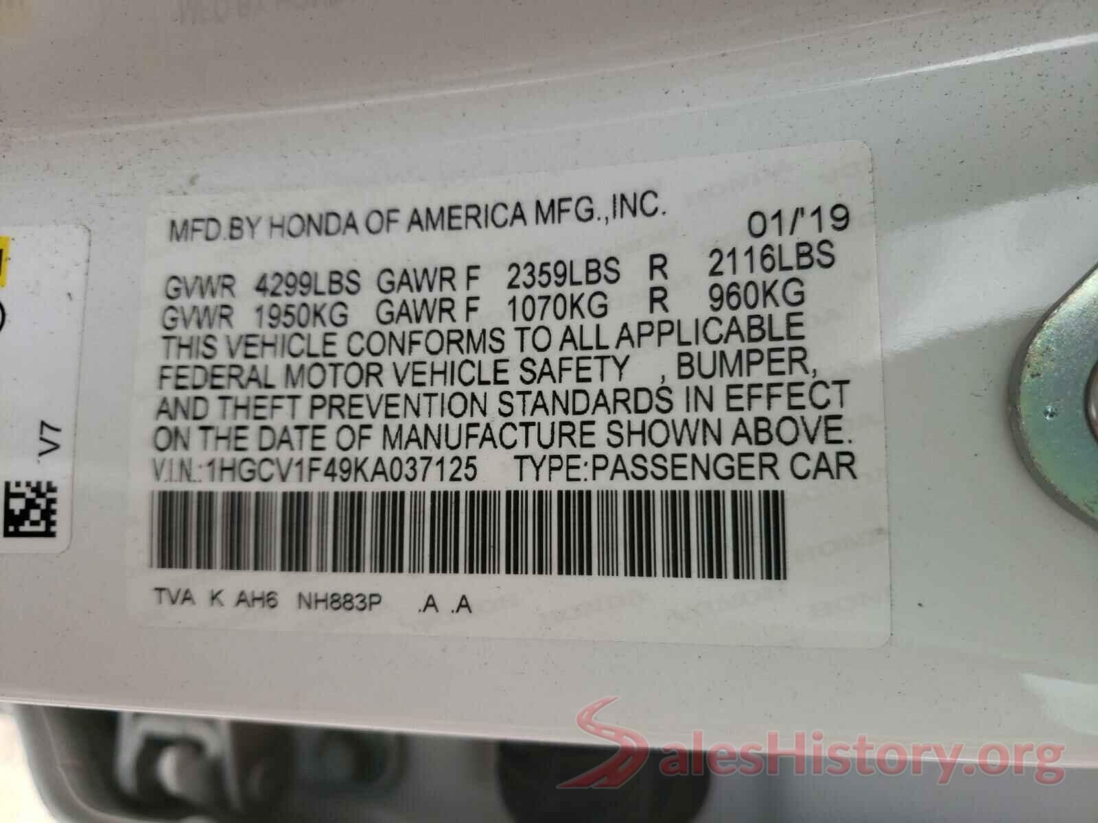 1HGCV1F49KA037125 2019 HONDA ACCORD