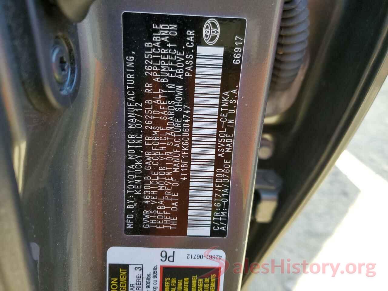 4T1BF1FK6CU604747 2012 TOYOTA CAMRY