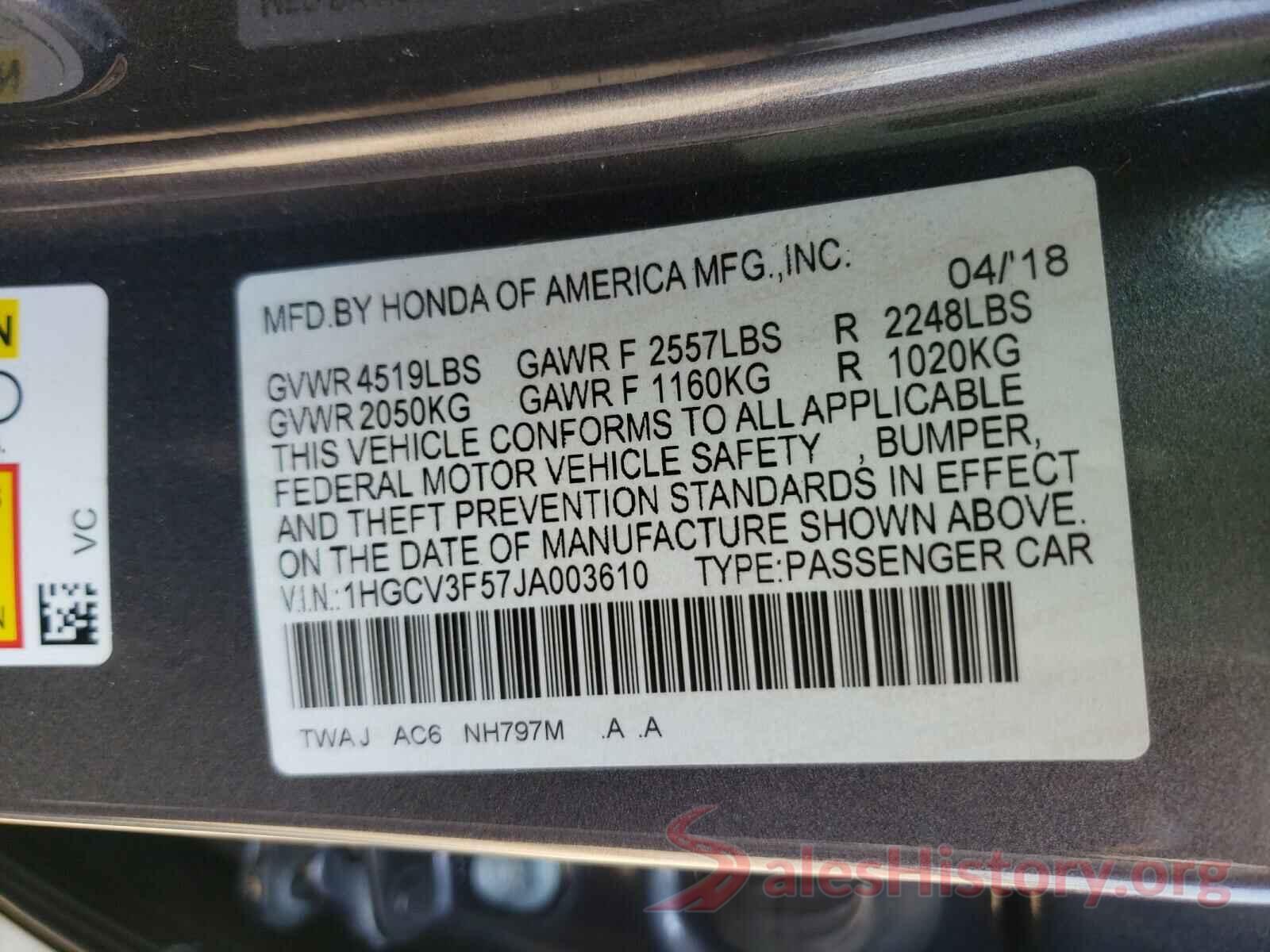 1HGCV3F57JA003610 2018 HONDA ACCORD