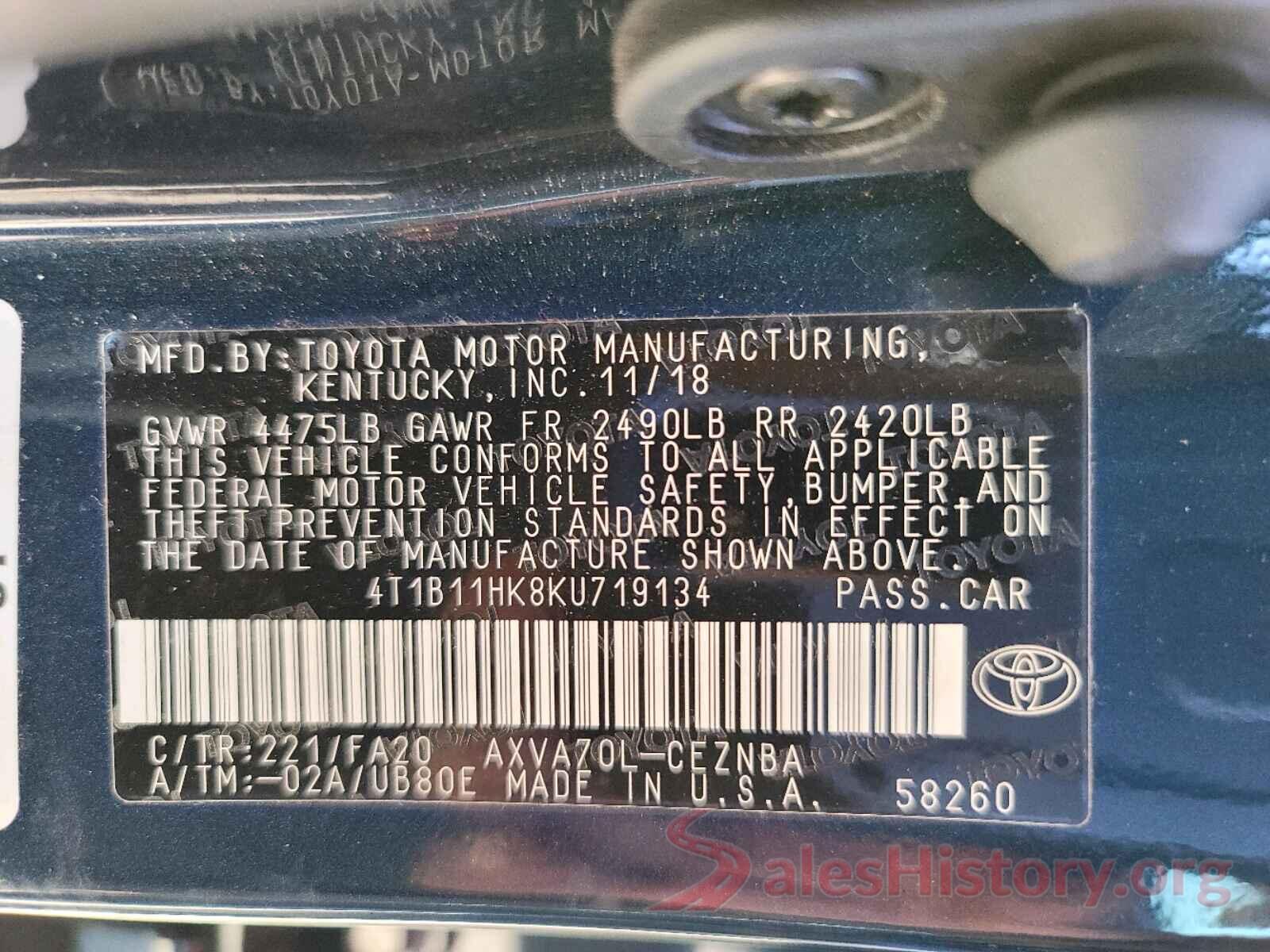 4T1B11HK8KU719134 2019 TOYOTA CAMRY