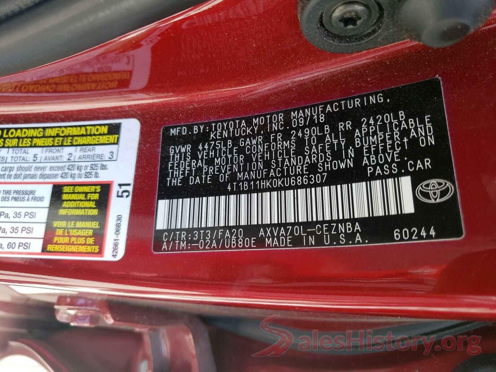 4T1B11HK0KU686307 2019 TOYOTA CAMRY