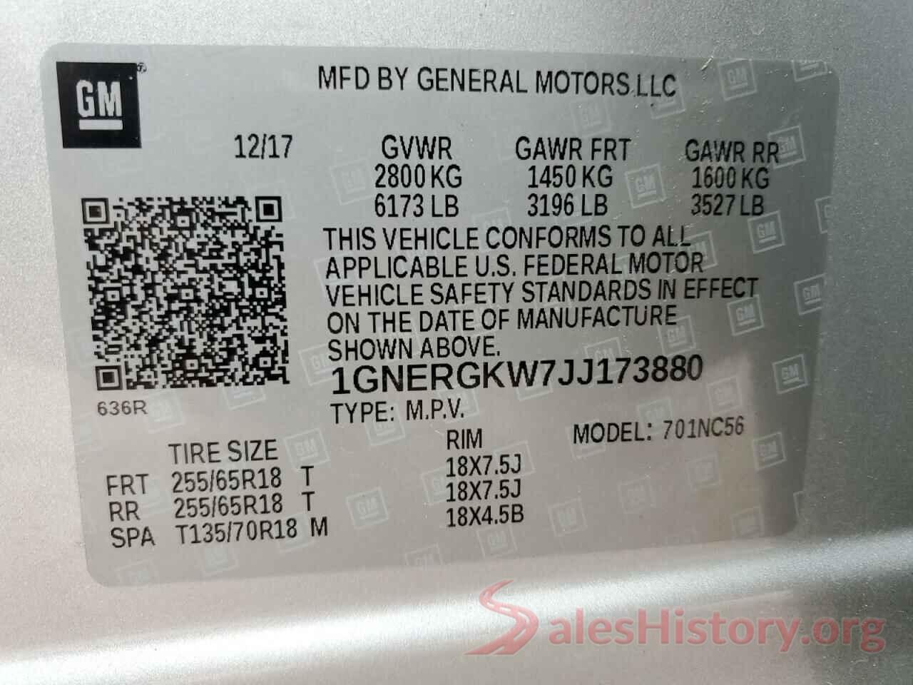 1GNERGKW7JJ173880 2018 CHEVROLET TRAVERSE