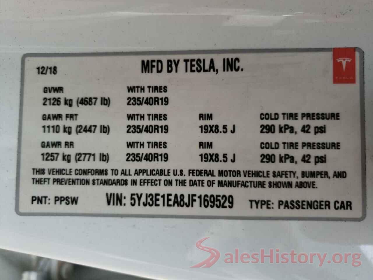 5YJ3E1EA8JF169529 2018 TESLA MODEL 3