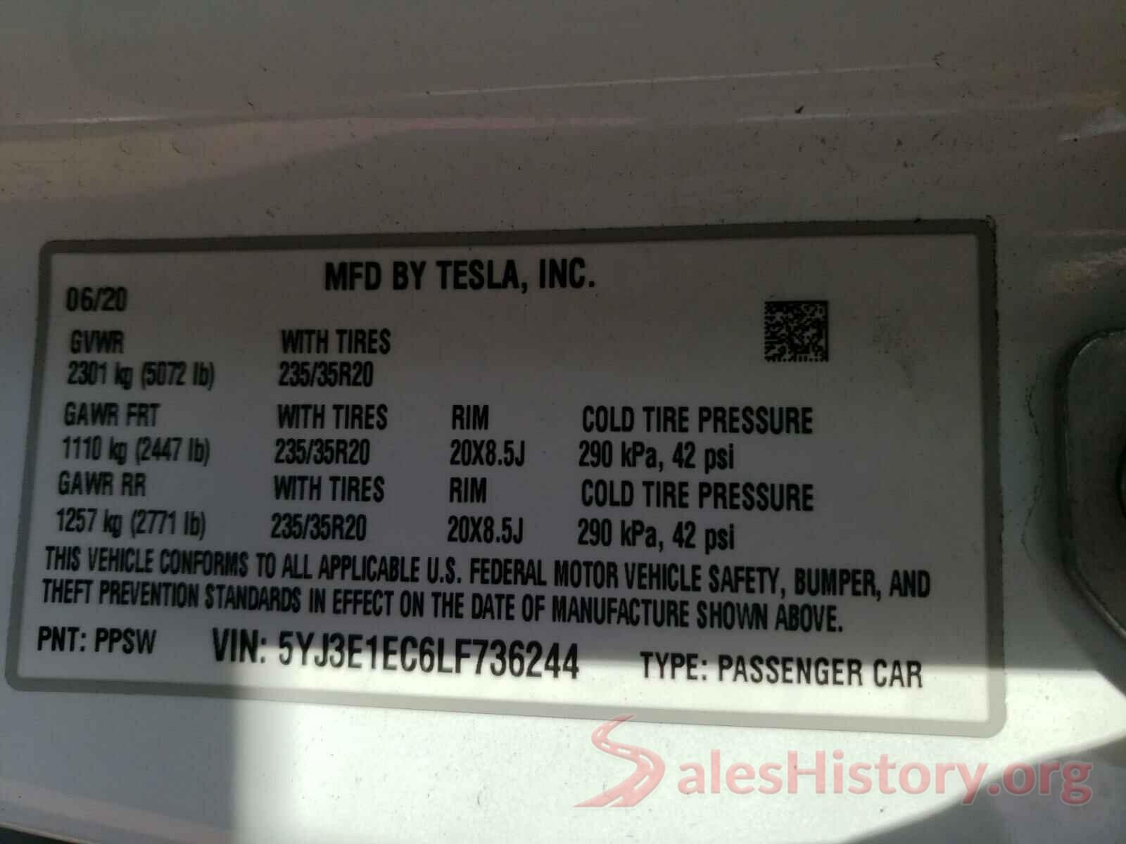 5YJ3E1EC6LF736244 2020 TESLA MODEL 3