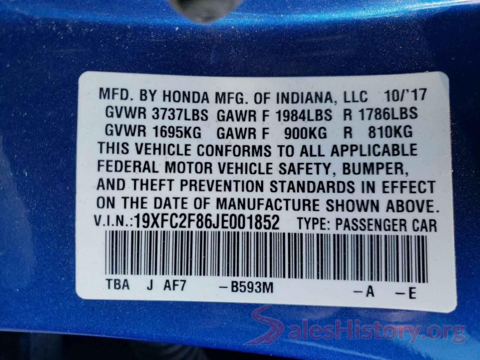 19XFC2F86JE001852 2018 HONDA CIVIC