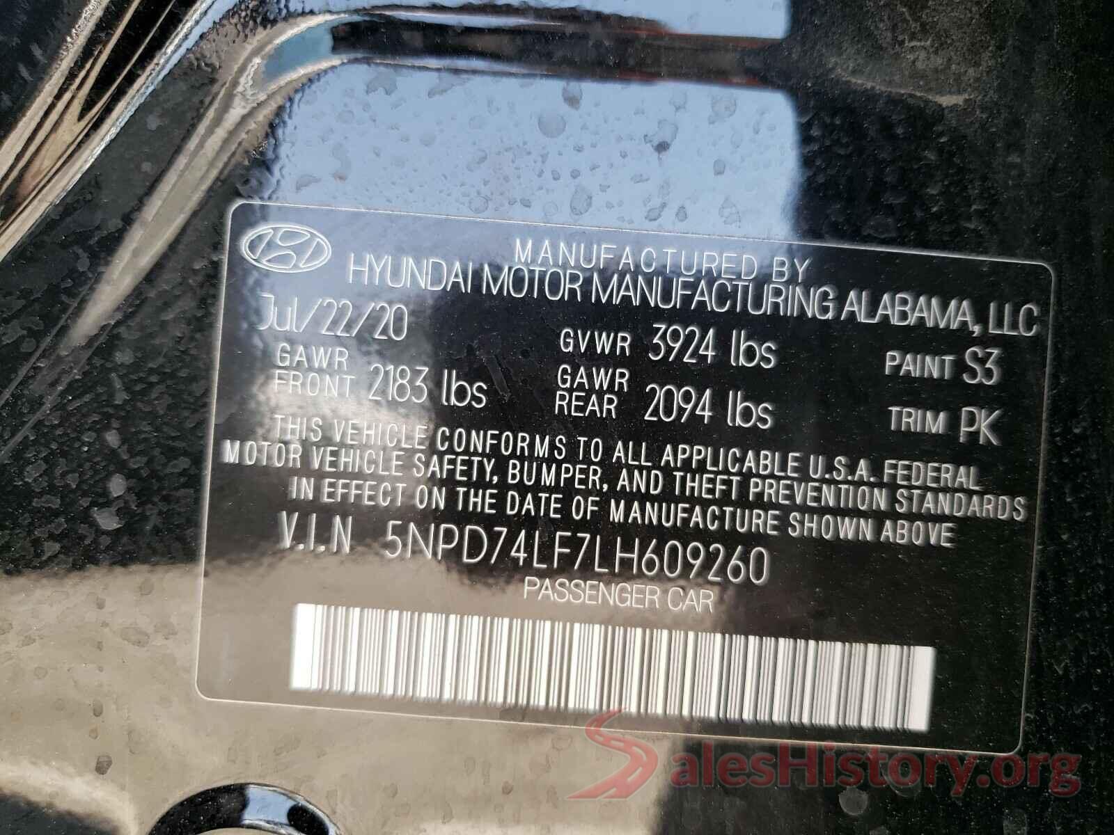 5NPD74LF7LH609260 2020 HYUNDAI ELANTRA