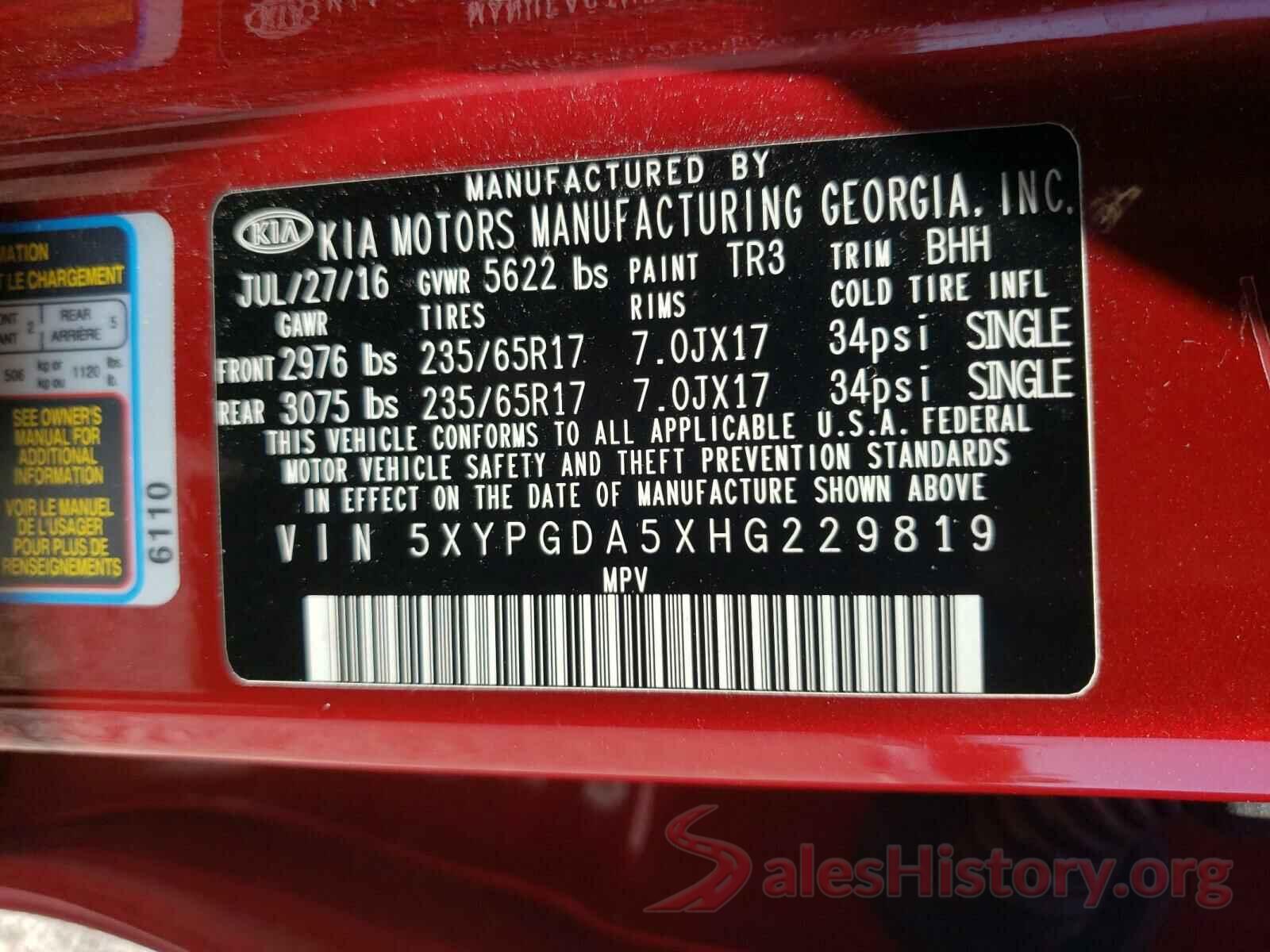 5XYPGDA5XHG229819 2017 KIA SORENTO