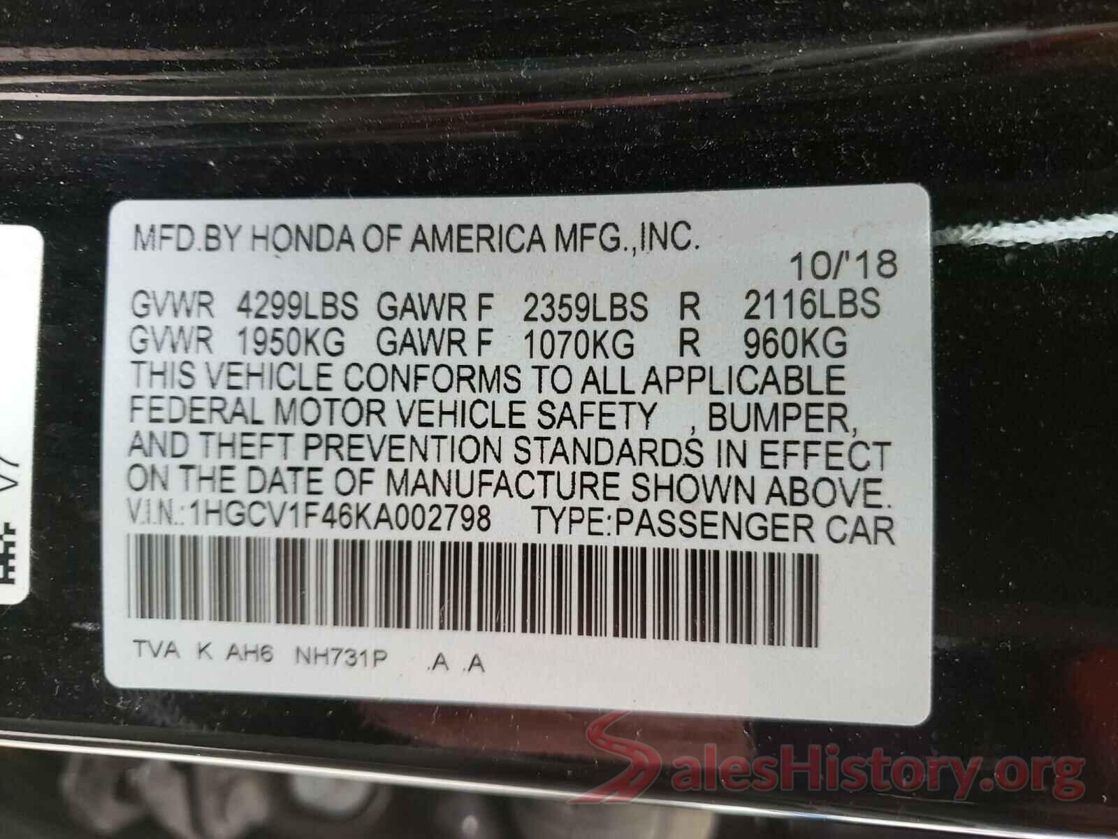 1HGCV1F46KA002798 2019 HONDA ACCORD