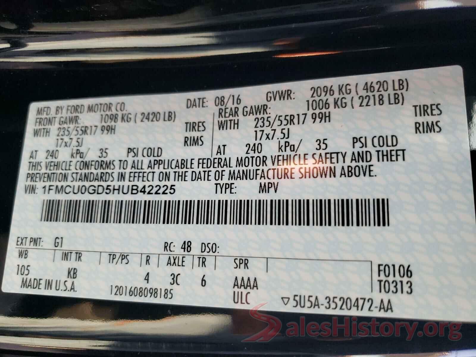 1FMCU0GD5HUB42225 2017 FORD ESCAPE