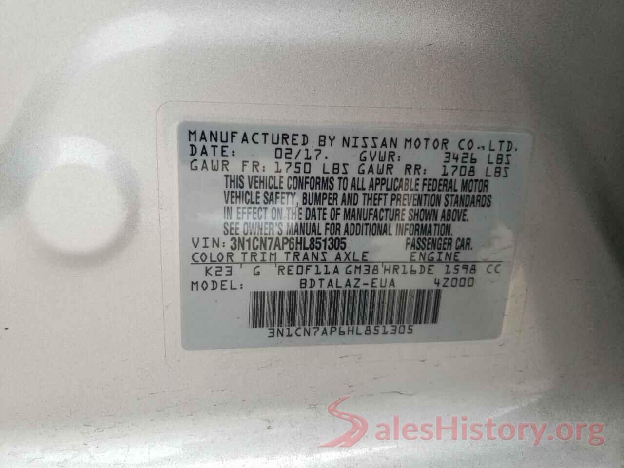 3N1CN7AP6HL851305 2017 NISSAN VERSA