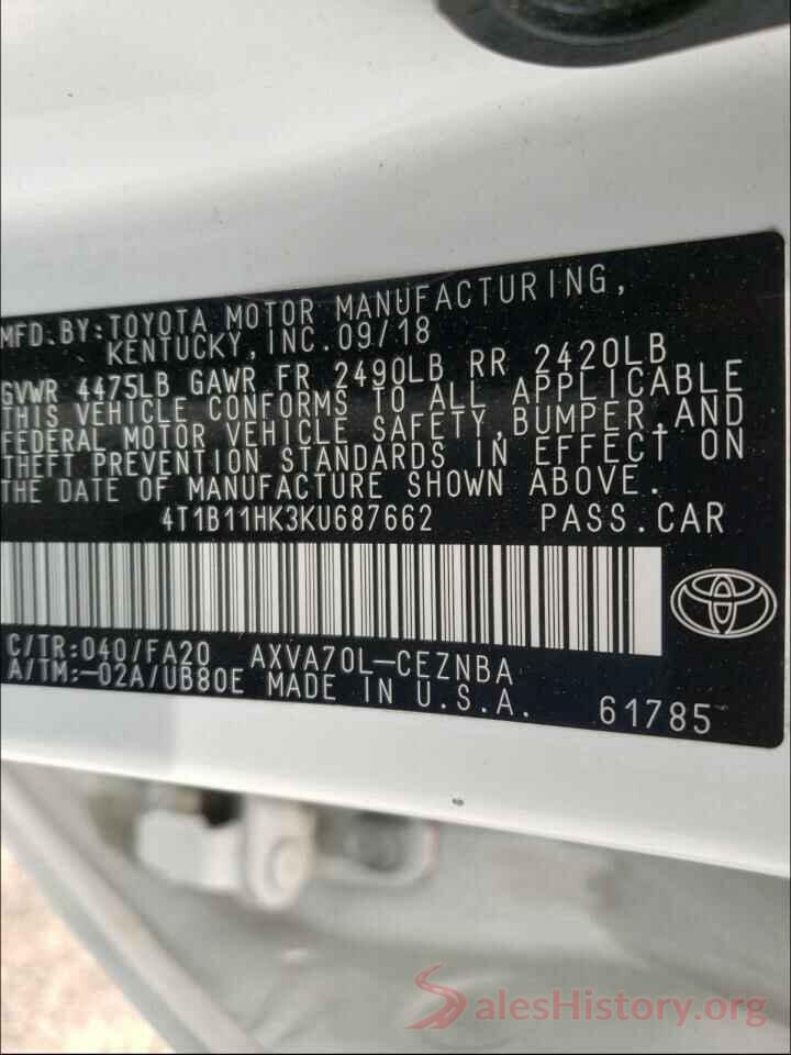 4T1B11HK3KU687662 2019 TOYOTA CAMRY