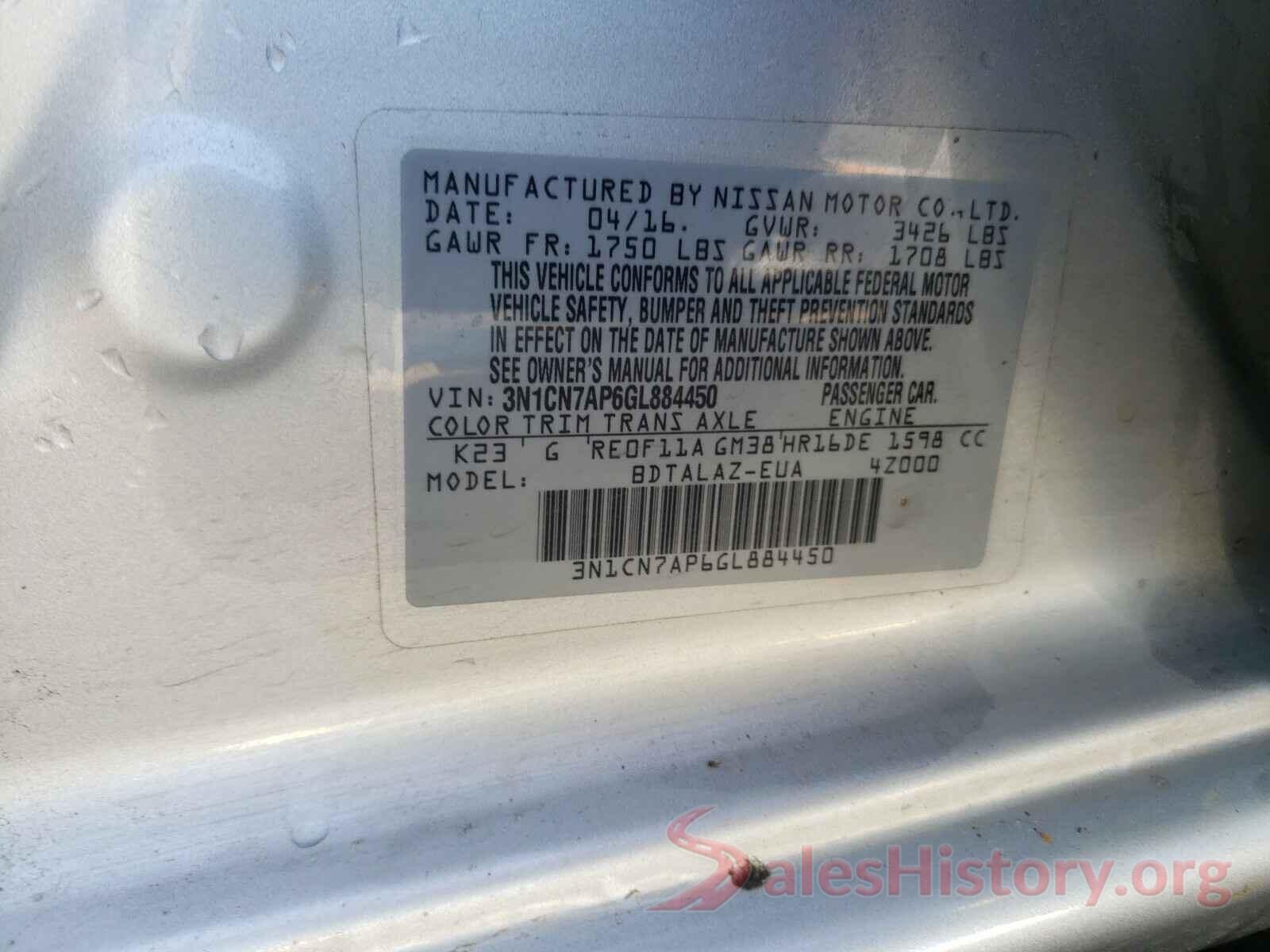 3N1CN7AP6GL884450 2016 NISSAN VERSA