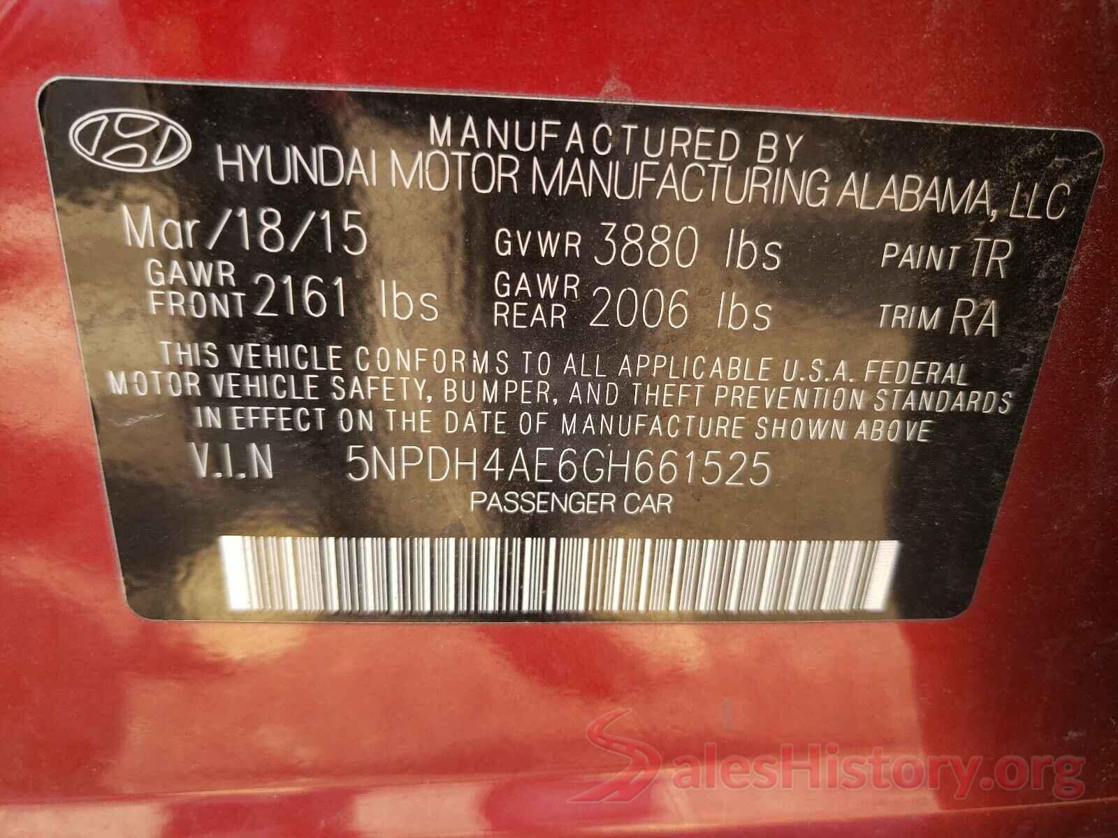 5NPDH4AE6GH661525 2016 HYUNDAI ELANTRA