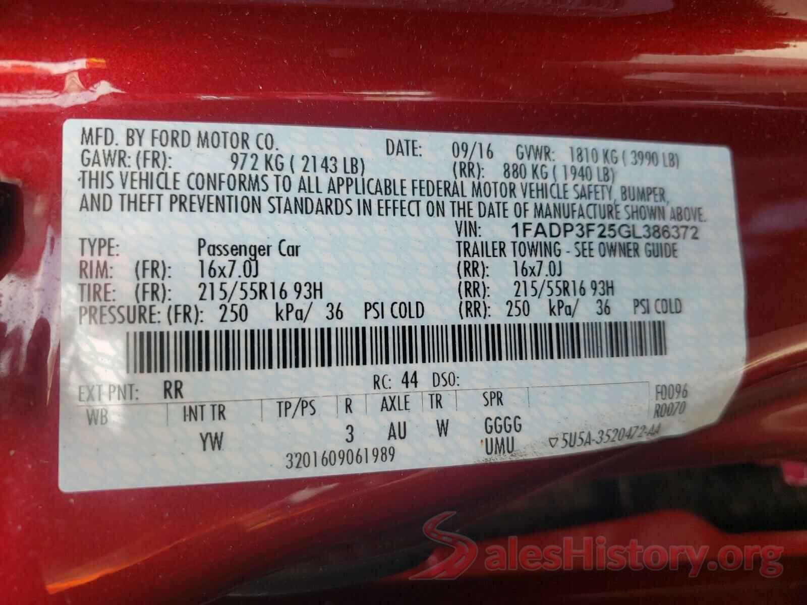 1FADP3F25GL386372 2016 FORD FOCUS