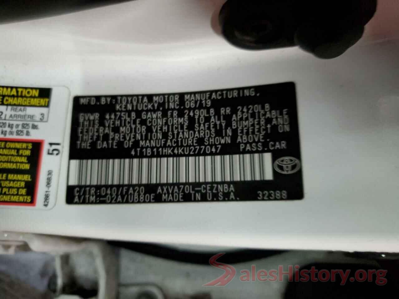 4T1B11HK4KU277047 2019 TOYOTA CAMRY