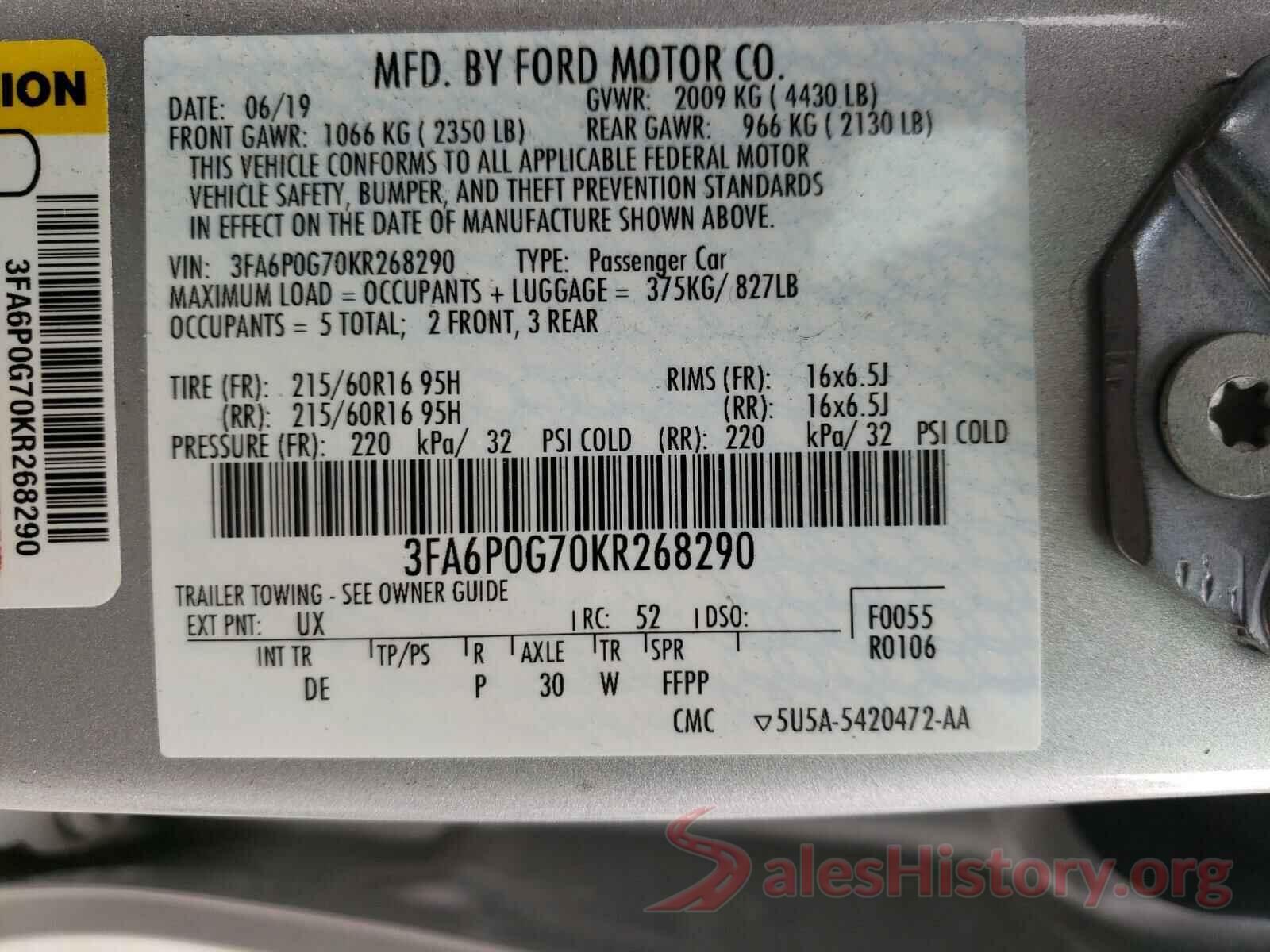 3FA6P0G70KR268290 2019 FORD FUSION