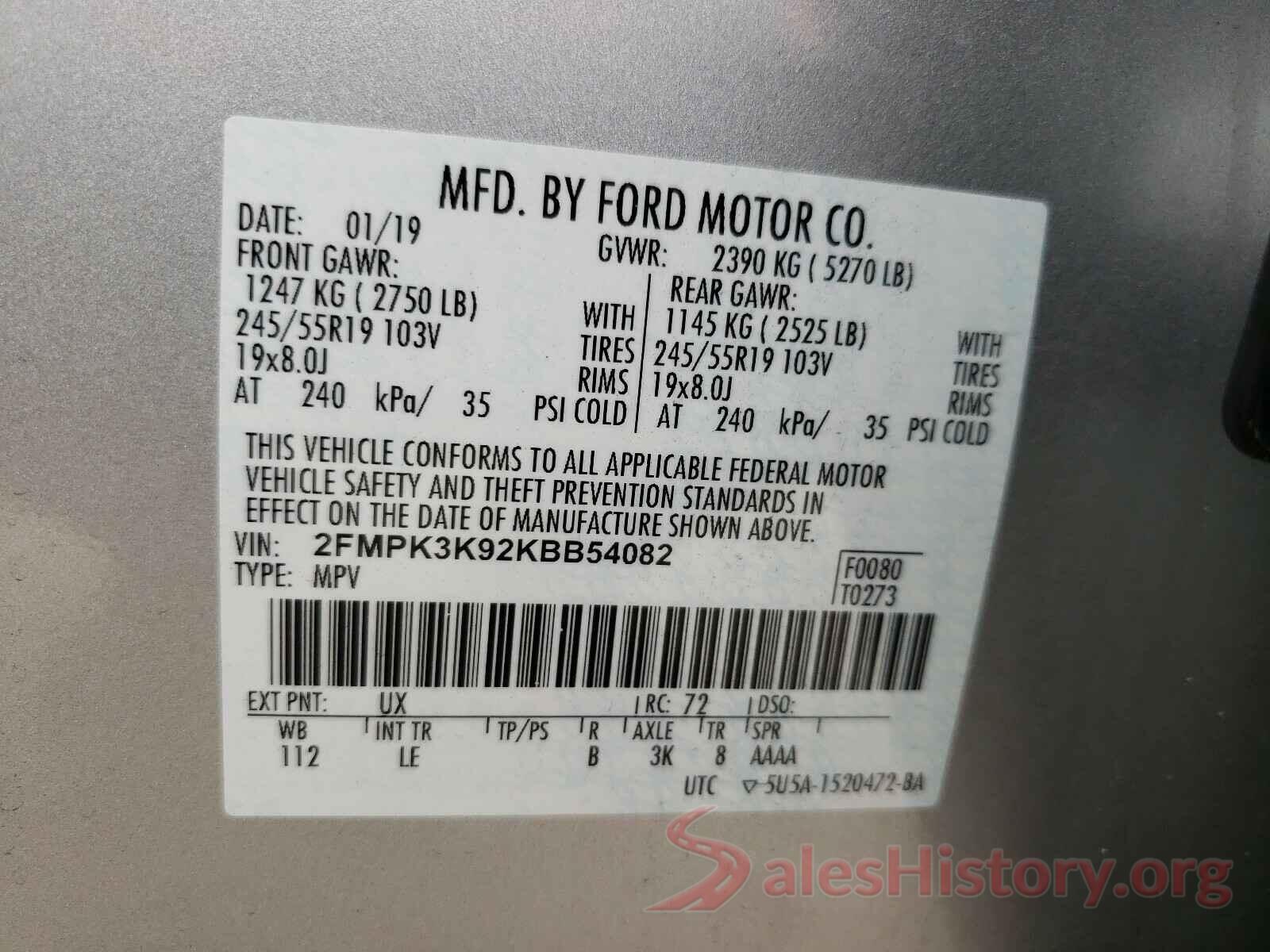 2FMPK3K92KBB54082 2019 FORD EDGE