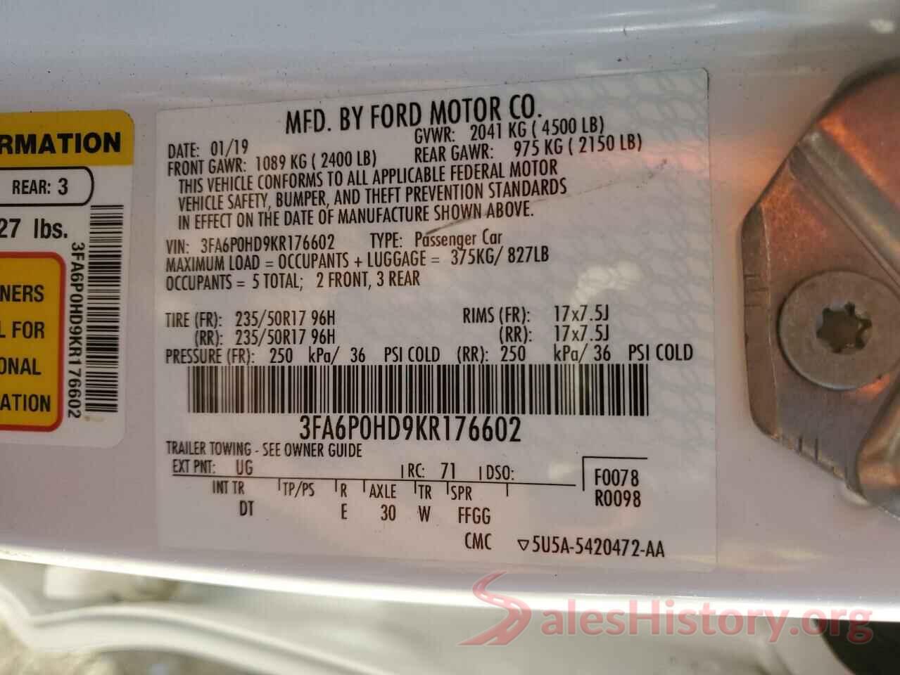 3FA6P0HD9KR176602 2019 FORD FUSION