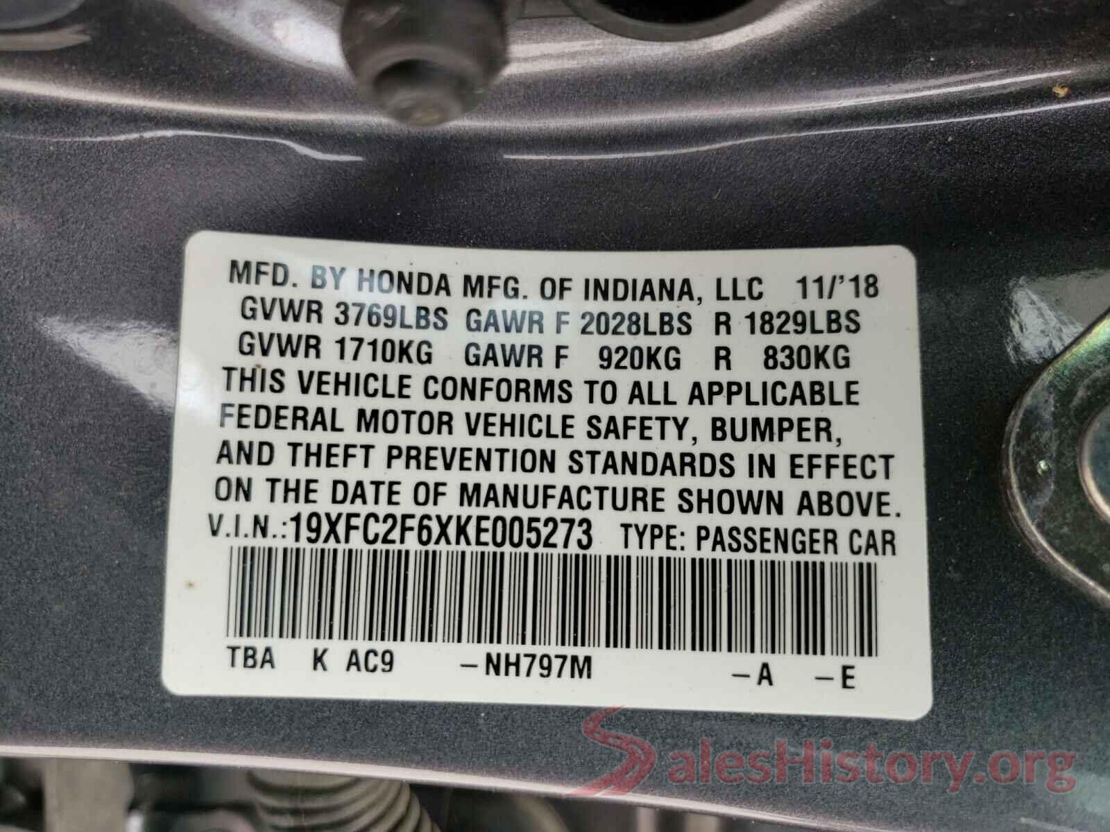 19XFC2F6XKE005273 2019 HONDA CIVIC