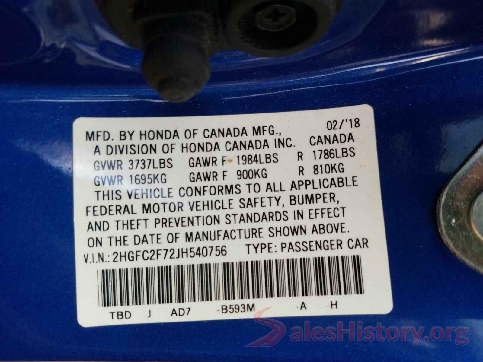 2HGFC2F72JH540756 2018 HONDA CIVIC