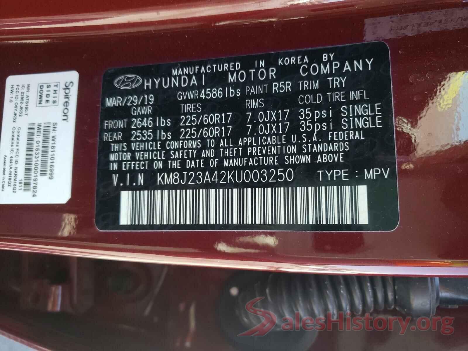 KM8J23A42KU003250 2019 HYUNDAI TUCSON