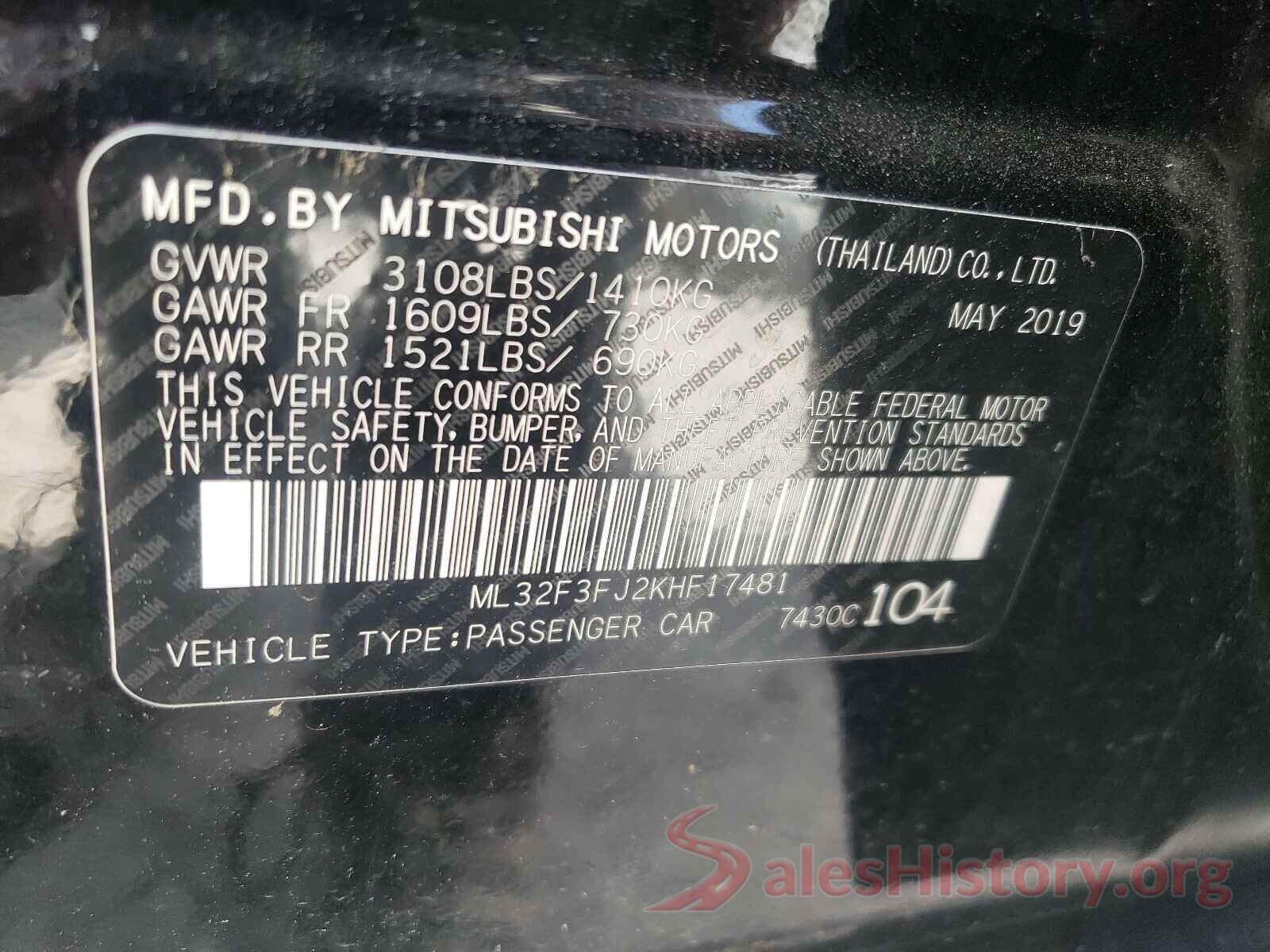 ML32F3FJ2KHF17481 2019 MITSUBISHI MIRAGE