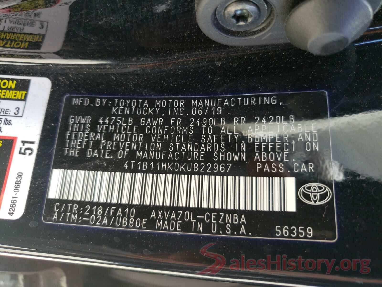 4T1B11HK0KU822967 2019 TOYOTA CAMRY