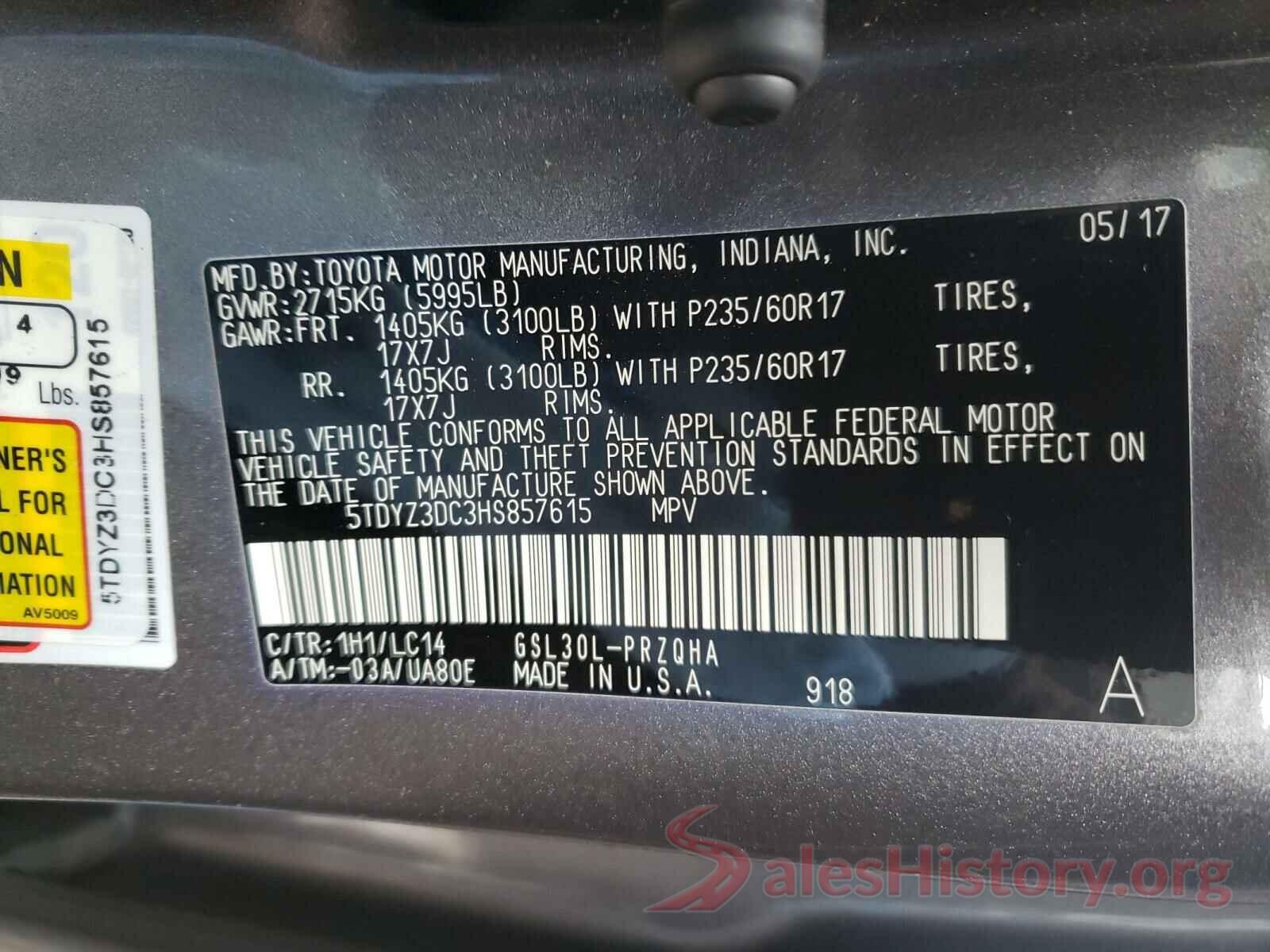 5TDYZ3DC3HS857615 2017 TOYOTA SIENNA