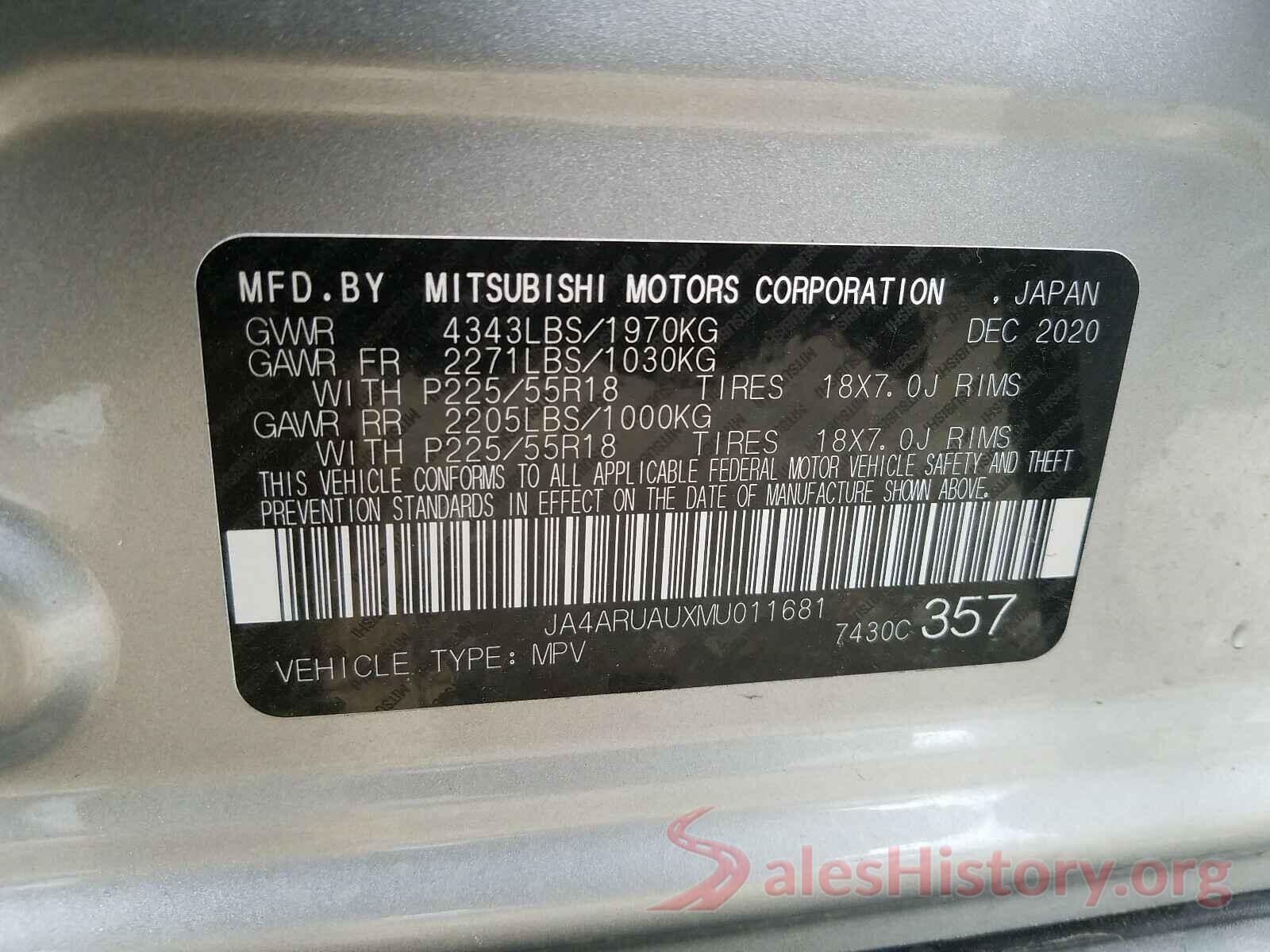 JA4ARUAUXMU011681 2021 MITSUBISHI OUTLANDER