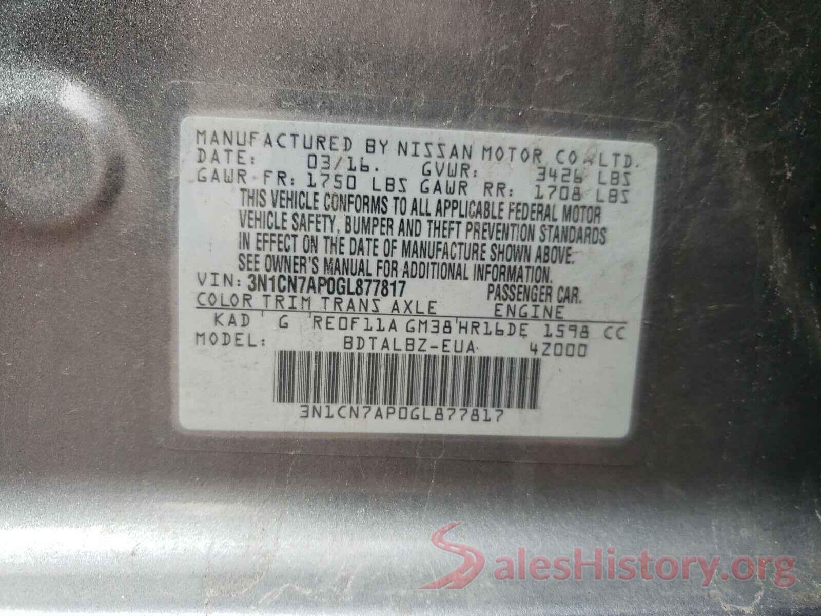 3N1CN7AP0GL877817 2016 NISSAN VERSA