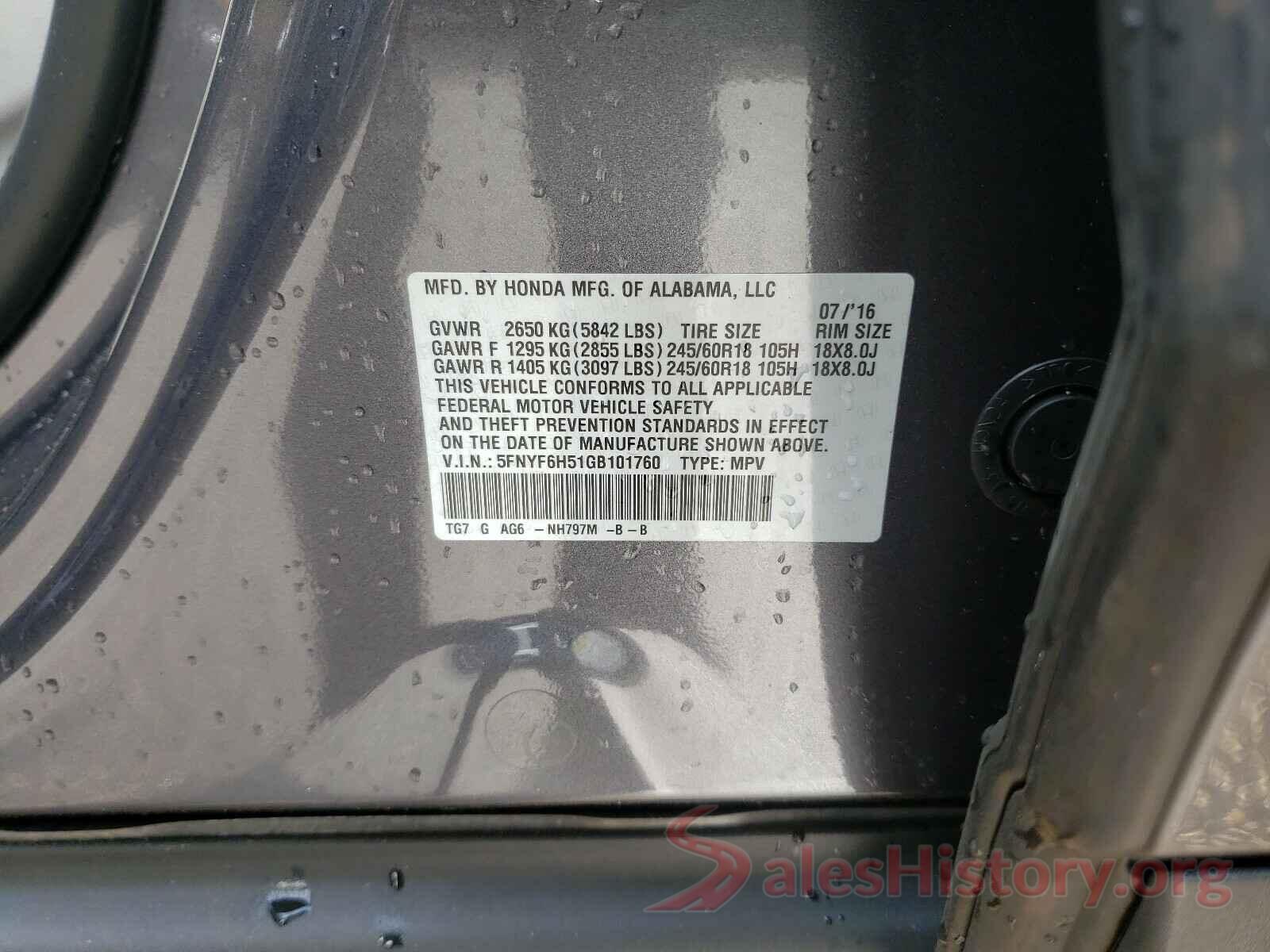 5FNYF6H51GB101760 2016 HONDA PILOT