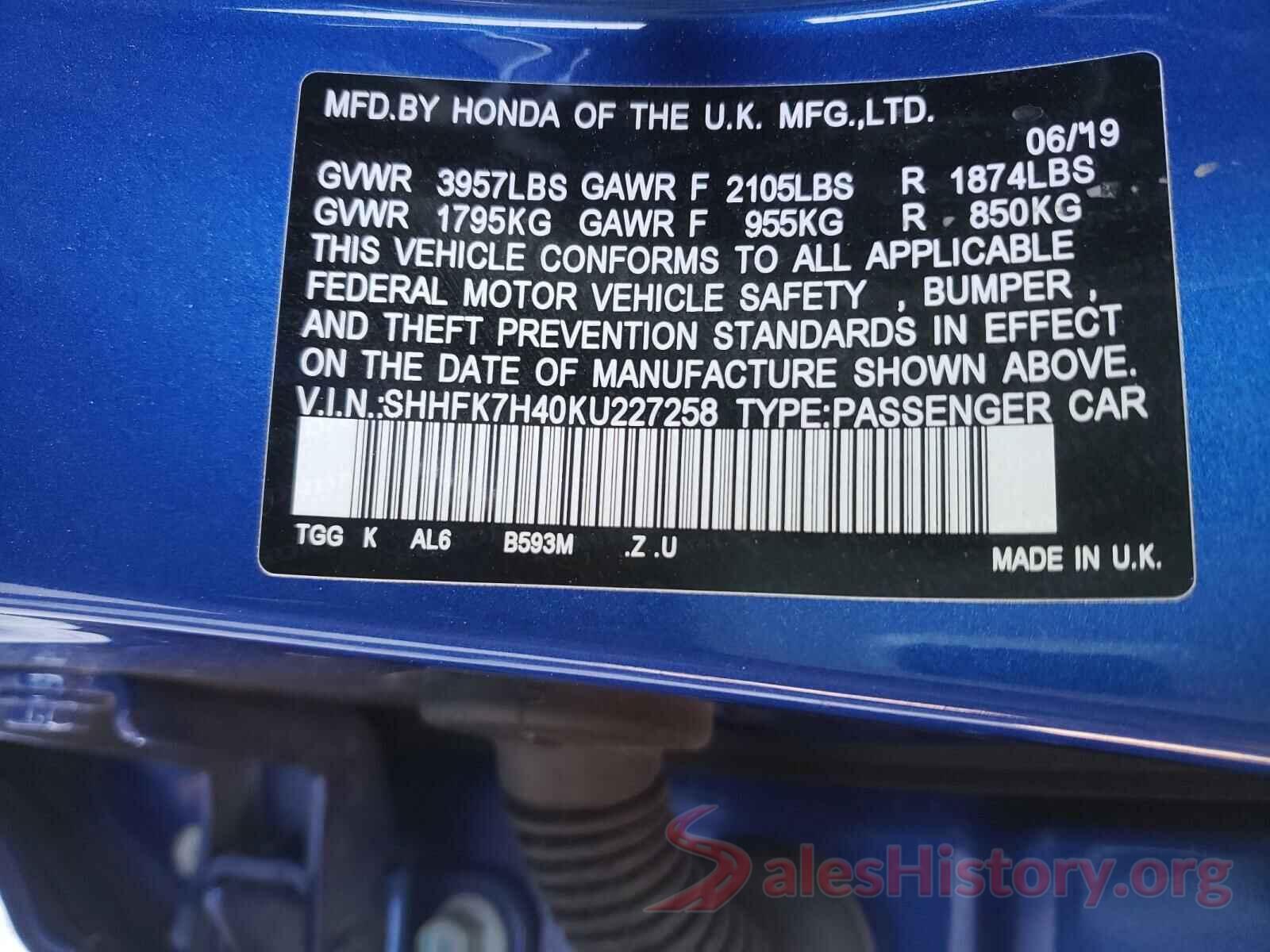 SHHFK7H40KU227258 2019 HONDA CIVIC