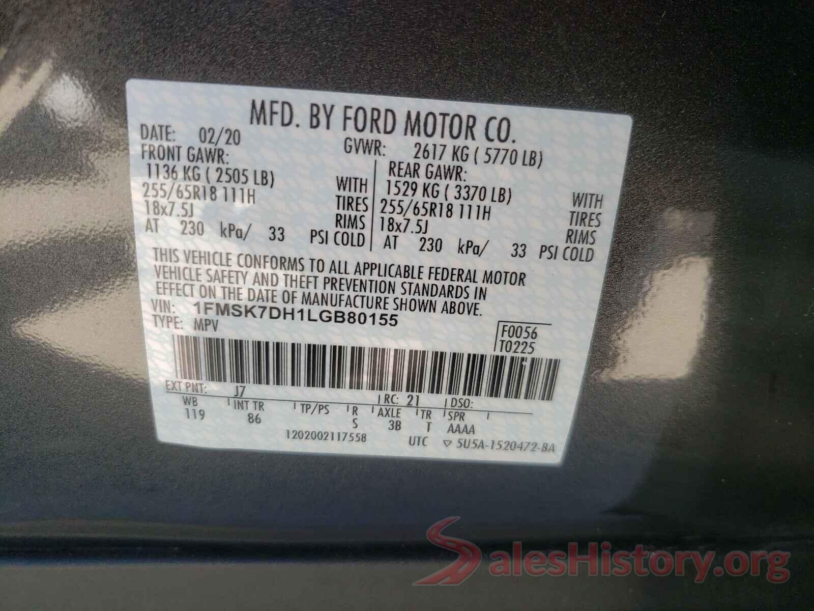 1FMSK7DH1LGB80155 2020 FORD EXPLORER