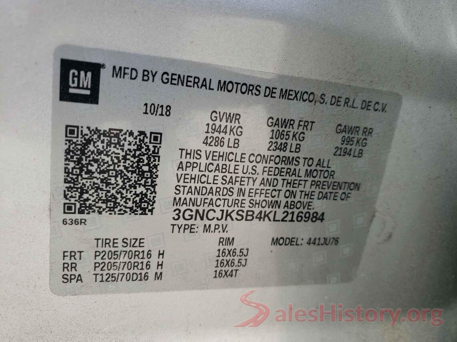 3GNCJKSB4KL216984 2019 CHEVROLET TRAX