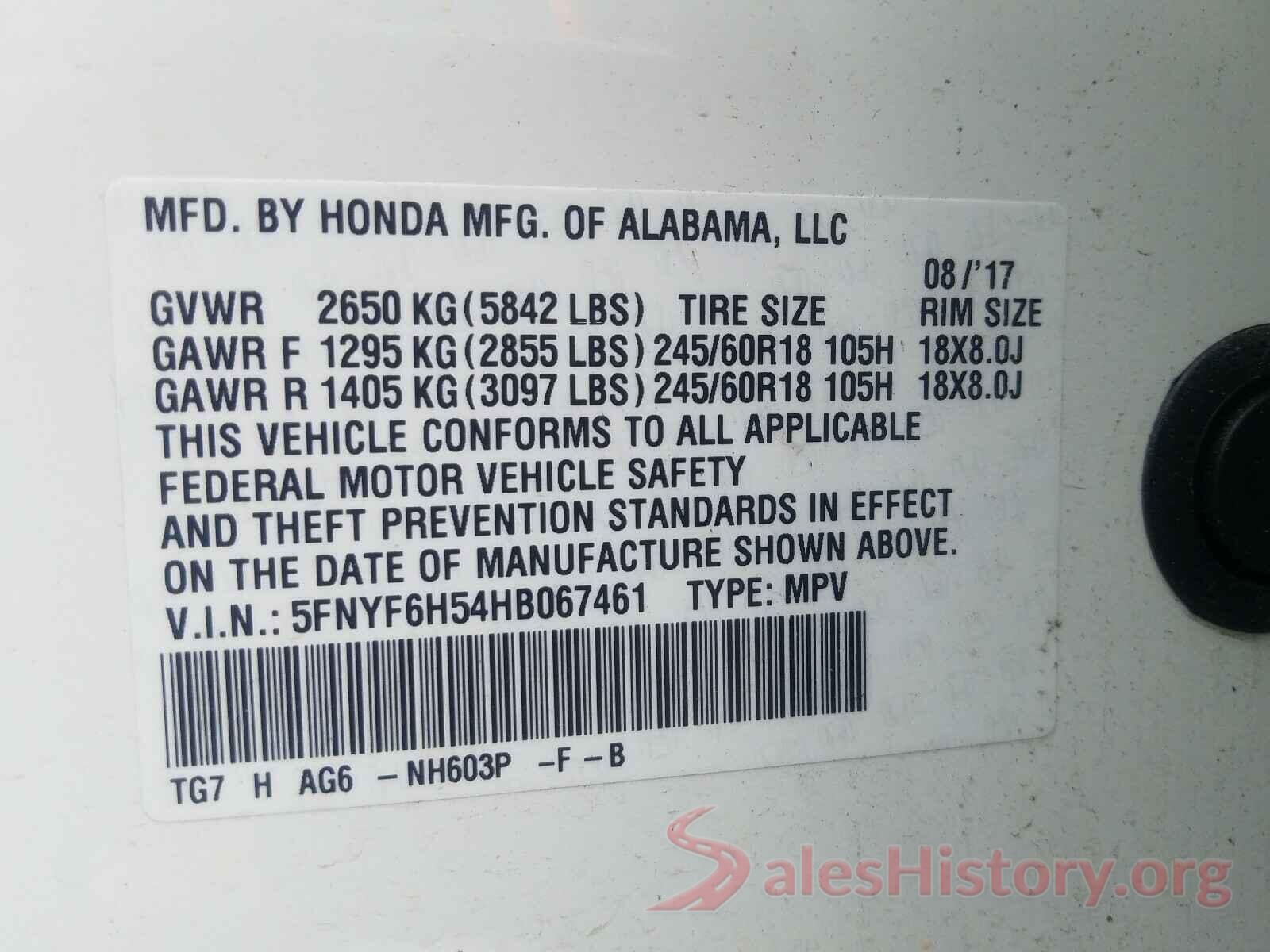 5FNYF6H54HB067461 2017 HONDA PILOT