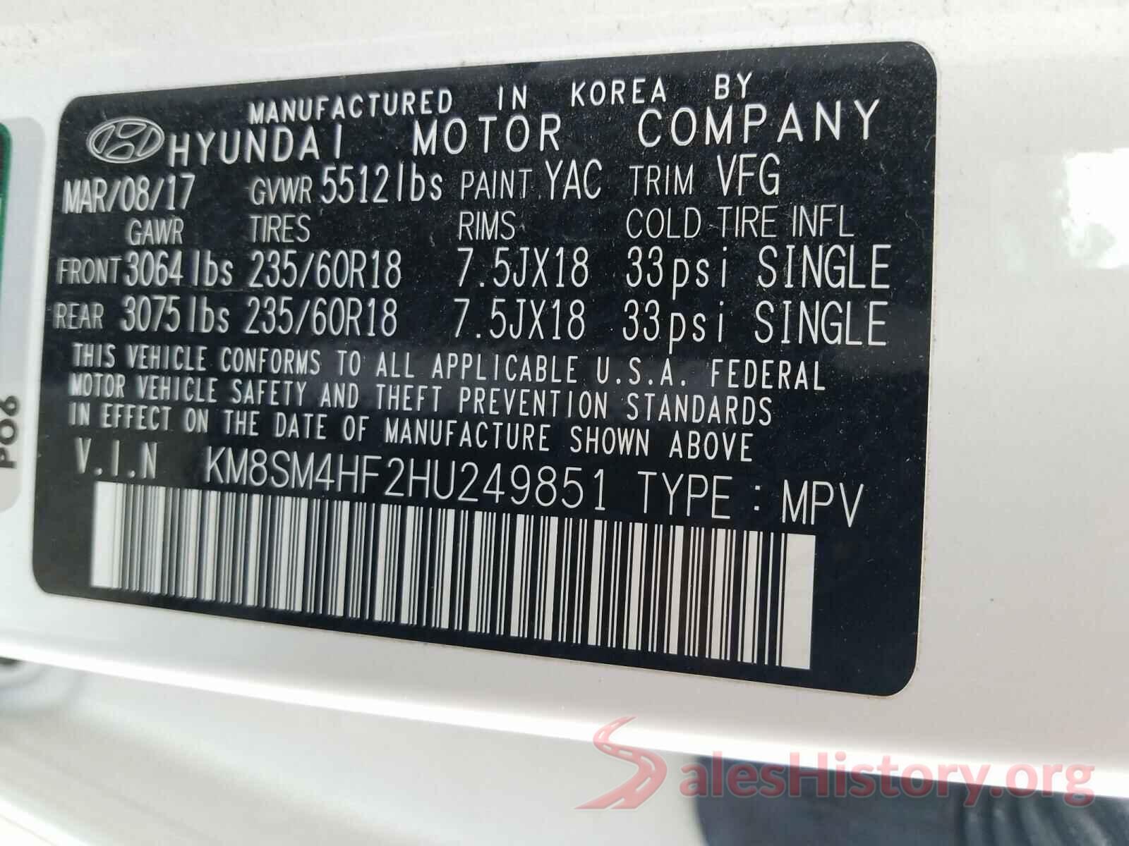 KM8SM4HF2HU249851 2017 HYUNDAI SANTA FE