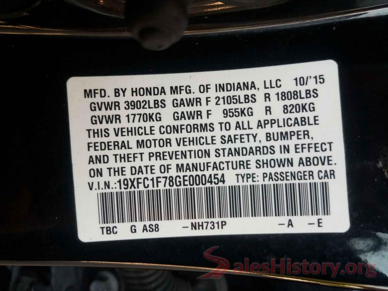 19XFC1F78GE000454 2016 HONDA CIVIC